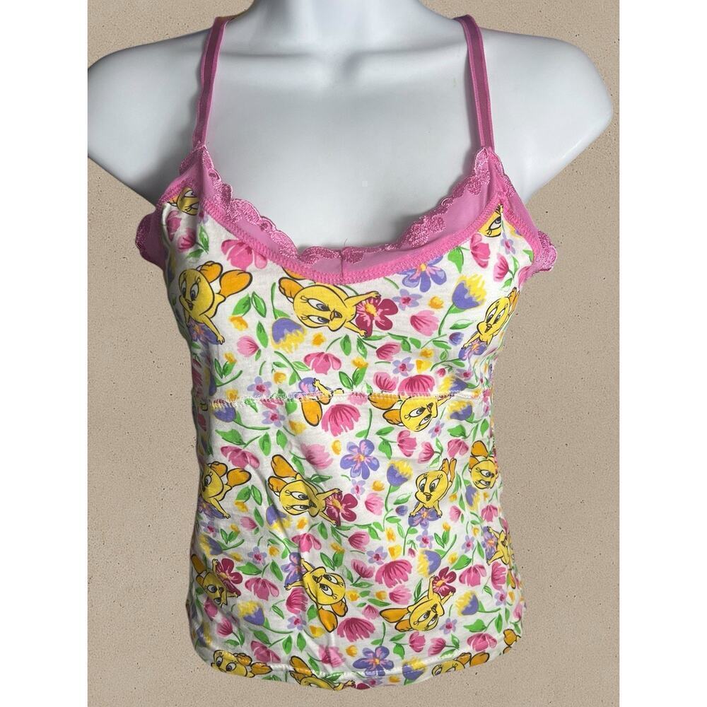Vintage Looney Tunes Tweety Bird Floral Cami Top Women’s Small Pink Lace Trim Y2